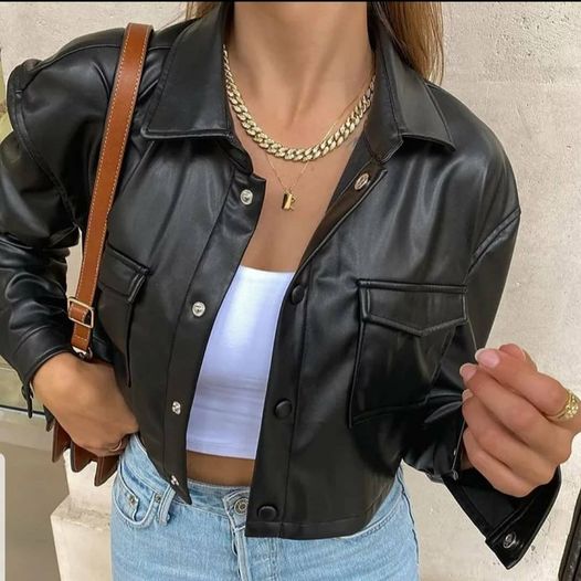 Button down Cropped Leather Jacket