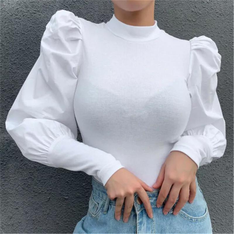 white ribbed puff sleeve top