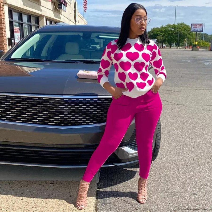 2 Piece Heart Printed Sweater pink